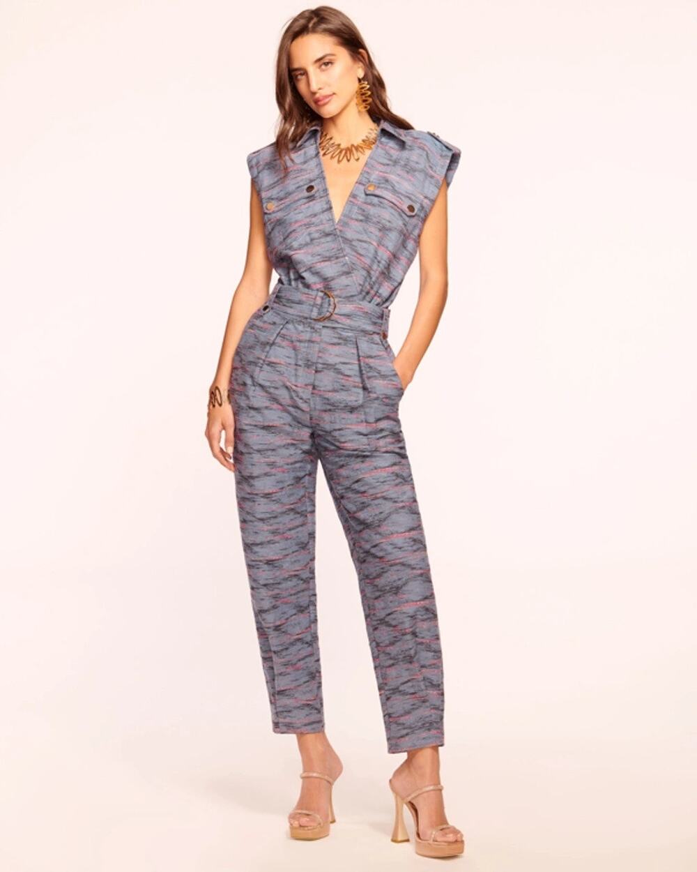 NWT Ramy Brook Aviana Utilitarian Belted Jumpsuit In Indigo Ikat XL Preppy Boho